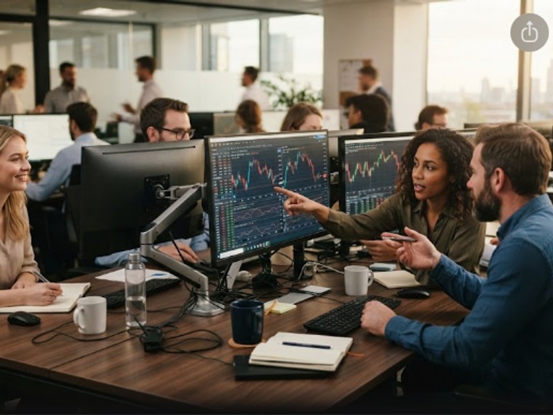 Команда трейдеров Брокер Гид работает в современном офисе за компьютерами с графиками.